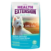 Health Extension Little Bites buffalo-whitefish kibble for tiny breeds supporting lean muscle and energy.