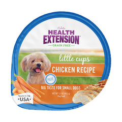 Health Extension Little Cups grain-free formula label highlights digestible protein for sensitive stomachs.