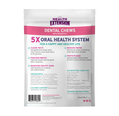 Health Extension Probiotic Dental Bones dog chew demonstrates dental cleaning during daily treat.