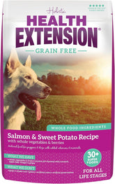 Health Extension salmon-sweet-potato dry dog food in a bowl, for lean muscles.