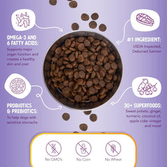 Health Extension sweet potato and blueberries with kibble, antioxidant-rich ingredients.