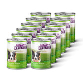 Health Extension Vegetarian Entrée wet dog food can showing plant-based recipe
