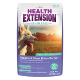 Health Extension venison dry dog food bag shows grain-free formula for all life stages.