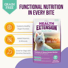 Health Extension venison-first ingredient kibble highlights lean protein for durable energy.