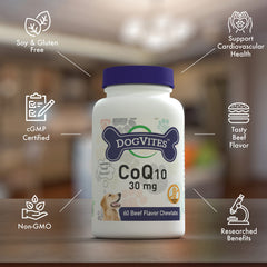 Shelf display of Health Thru Nutrition Dog-Vites CoQ10 packaging, highlighting trusted quality and safety.