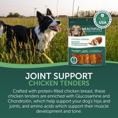 Healthfuls Chicken Tenders ingredients panel closeup highlighting glucosamine and chondroitin support.