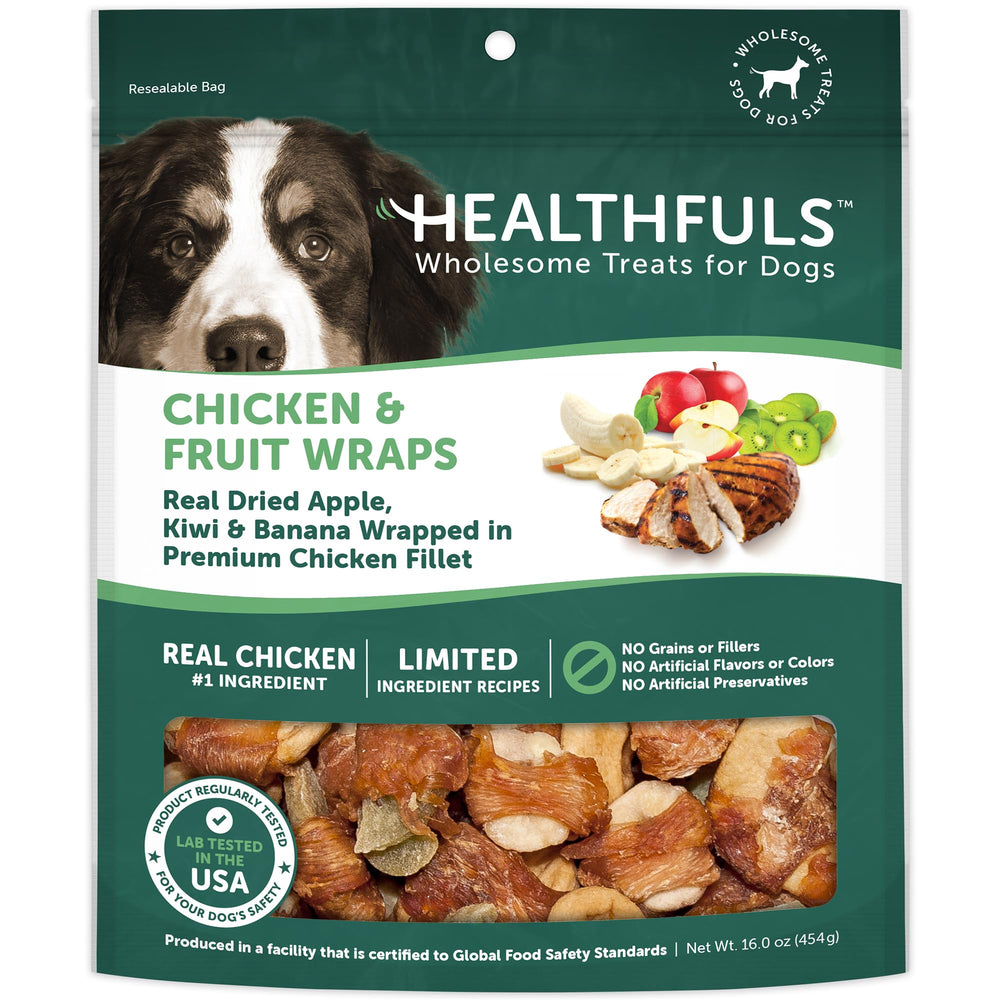 Healthfuls Chicken Wrapped Fruit treats closeup shows premium protein and natural fruit aroma for rewards.