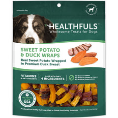 Healthfuls Duck and Sweet Potato Treats bag front for rewarding dogs