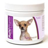 Healthy Breeds Chihuahua Multi-Vitamin soft chews bottle supports skin and coat health.