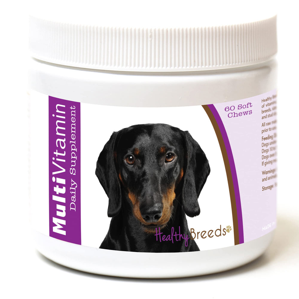 Healthy Breeds Dachshund multi-vitamin soft chews bottle supports overall health.