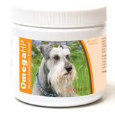 Healthy Breeds Omega HP soft chews bottle showing easy dosing for dog coat care.