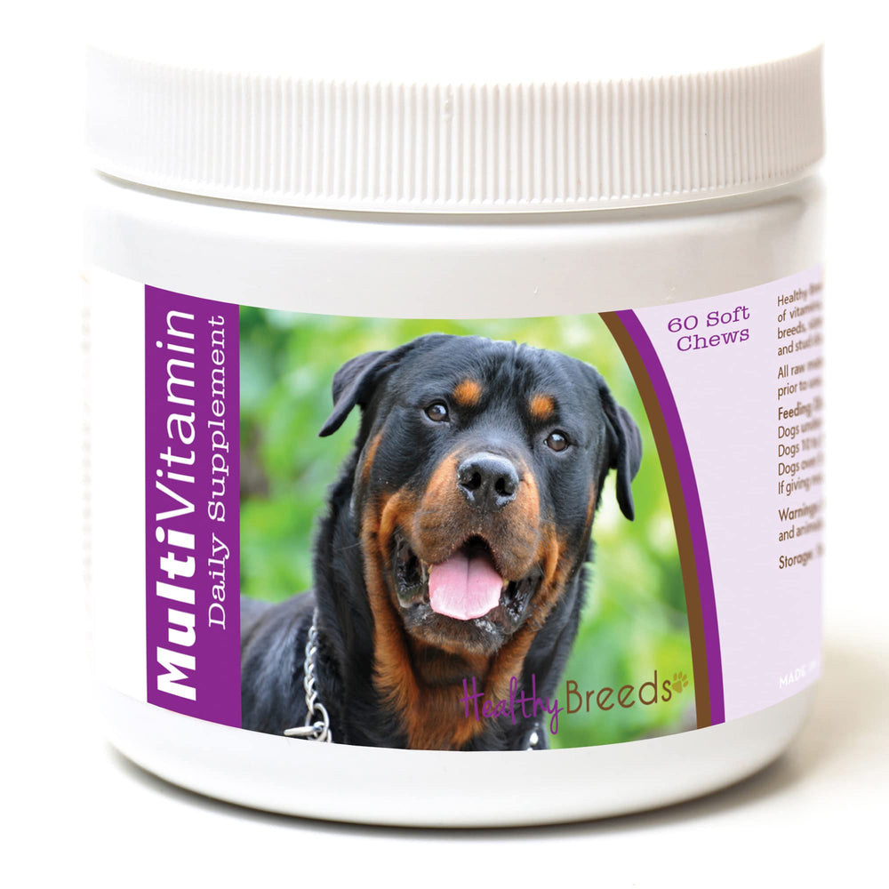 Healthy Breeds Rottweiler Multi-Vitamin Soft Chews bottle front highlighting convenient daily nutrition.