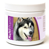 Healthy Breeds multivitamin bottle with bacon-flavored chews for daily canine wellness.
