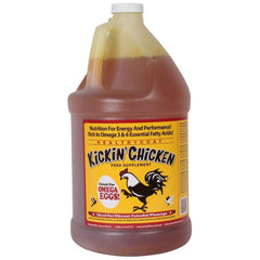 Healthy Coat Kickin' Chicken Feed bottle pour shows easy dosing for steady nutrition.