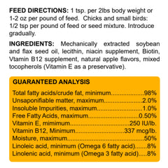 Healthy Coat Kickin Chicken Feed Supplement ingredients emphasize omega-rich nutrition for stronger feathers.