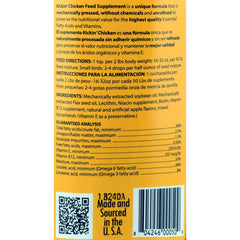 Healthy Coat Kickin Chicken Feed Supplement pour demonstrates simple dosage for healthier eggs.