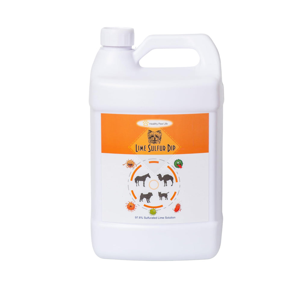 Healthy Paw Life lime sulfur dip bottle pour for at-home pet skin care.
