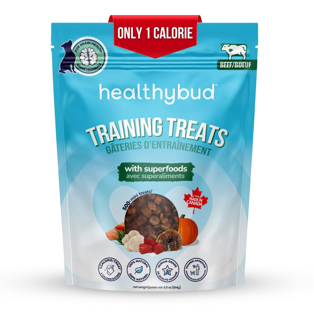 Healthybud mini dog training treats bag with beef liver bites for quick rewards.