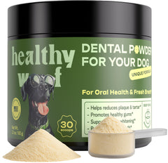 Healthy Woof dental powder bottle for easy at-home dog dental care