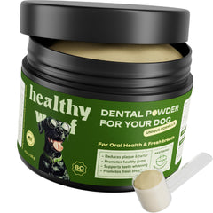 Healthy Woof dental powder tub for easy, brush-free dog dental care and flavorful administration.