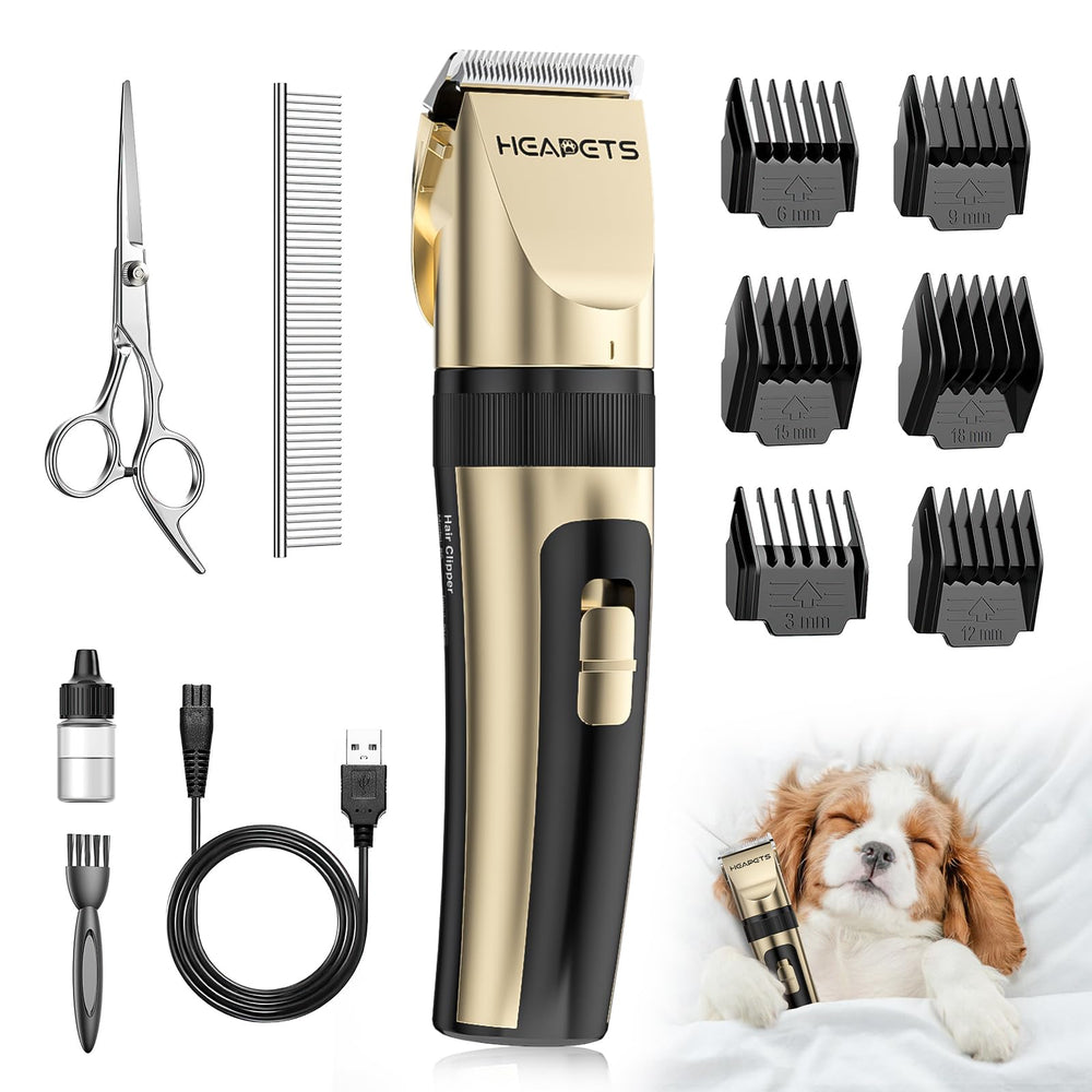 HEAPETS dog grooming clippers with gold body for easy cordless trimming at home.