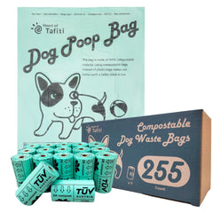 Heart of Tafiti compostable dog poop bags in a 255-count roll for eco-friendly waste management.