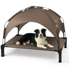 Heeyoo elevated dog bed with canopy provides shade and airflow for outdoor comfort.