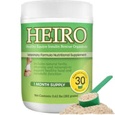 HEIRO Healthy Equine Insulin Rescue bottle closeup showing a natural herbal blend for daily support.