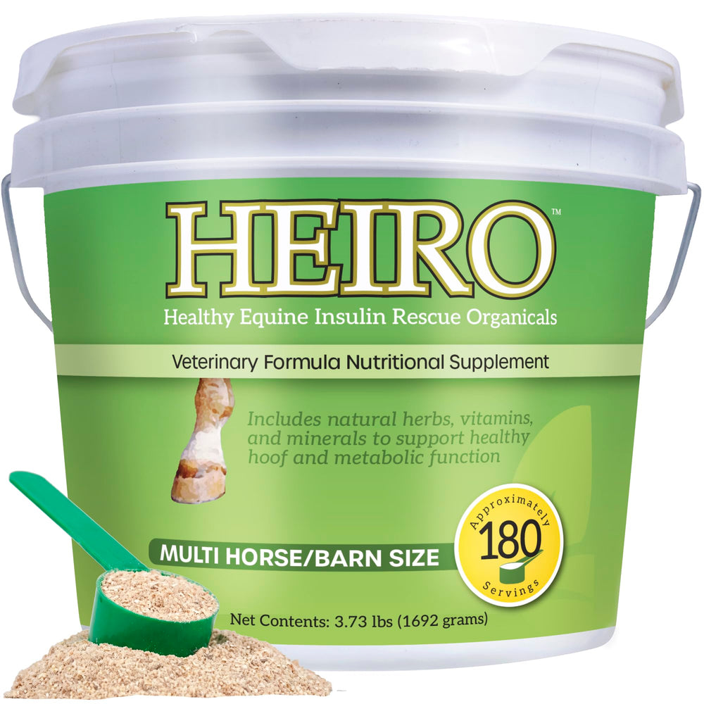 HEIRO Healthy Equine Insulin Rescue bottle shown for daily metabolic support use