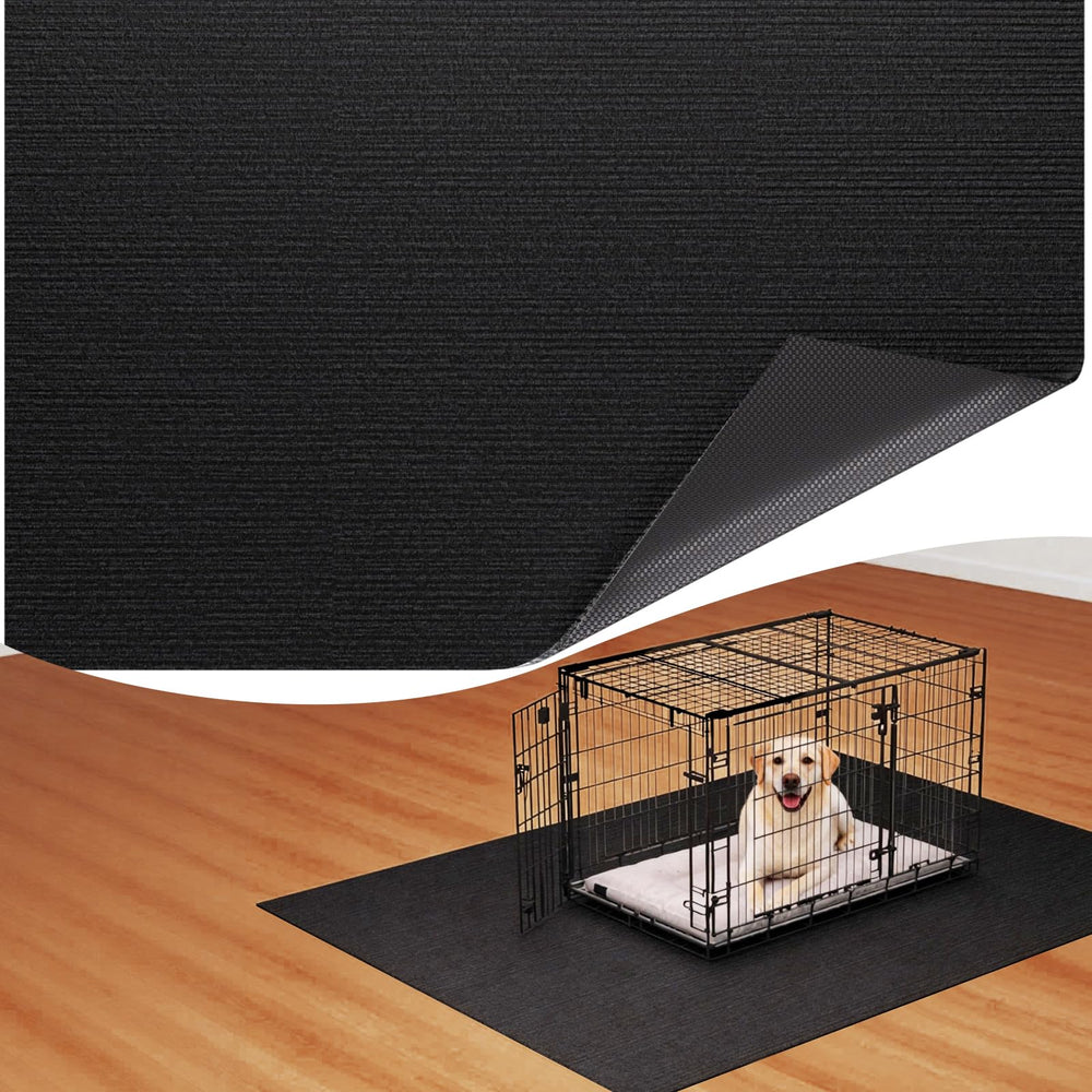 Heliospark dog crate mat under the crate protects floors and reduces movement.