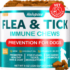 Helopssa dog flea chews bottle—convenient daily prevention for dogs.