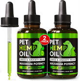 Helopssa hemp oil drops in a dropper bottle calming dogs during stressful moments.