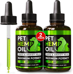 Helopssa hemp oil drops in a dropper bottle calming dogs during stressful moments.