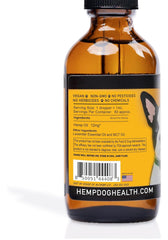 Hemp Dog Health Calm drops label closeup highlighting natural calming lavender blend