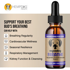 Hemp Dog Health MycoDog Breathe mushroom blend showcases Reishi, Chaga, Cordyceps