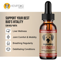 Hemp Dog Health MycoDog Vitality label closeup highlights turkey tail and reishi mushrooms.