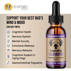 Dog with wagging tail beside MycoDog Clarity, highlighting mood support.