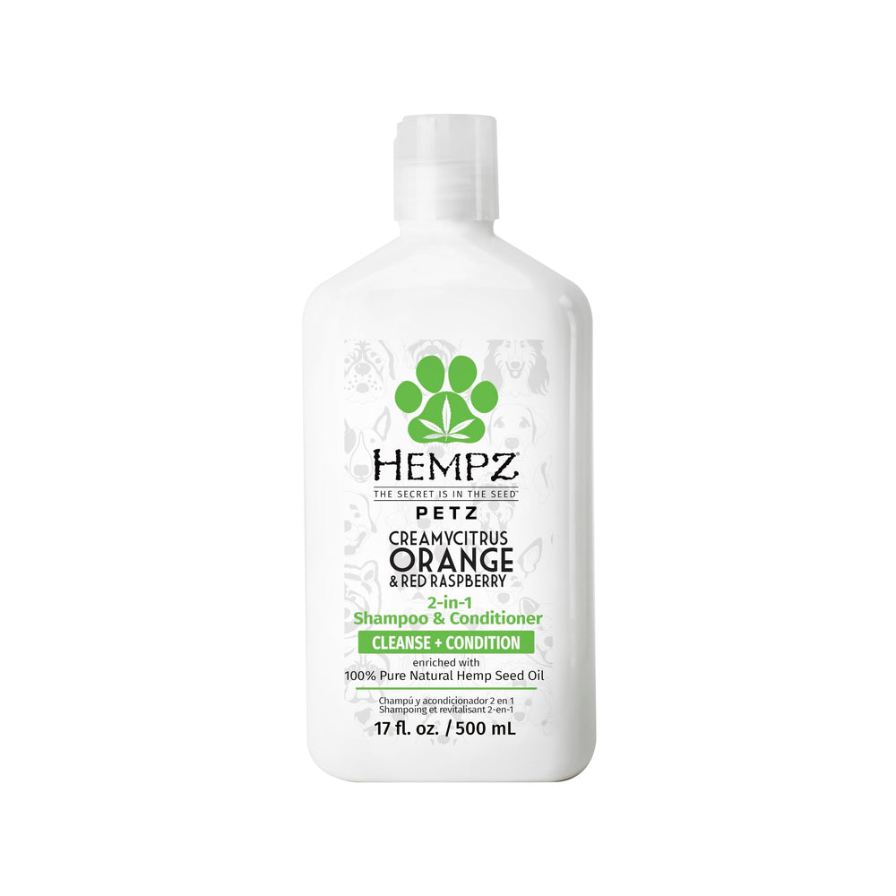 Hempz Petz 2-in-1 shampoo bottle with hemp seed oil for moisturized coat.