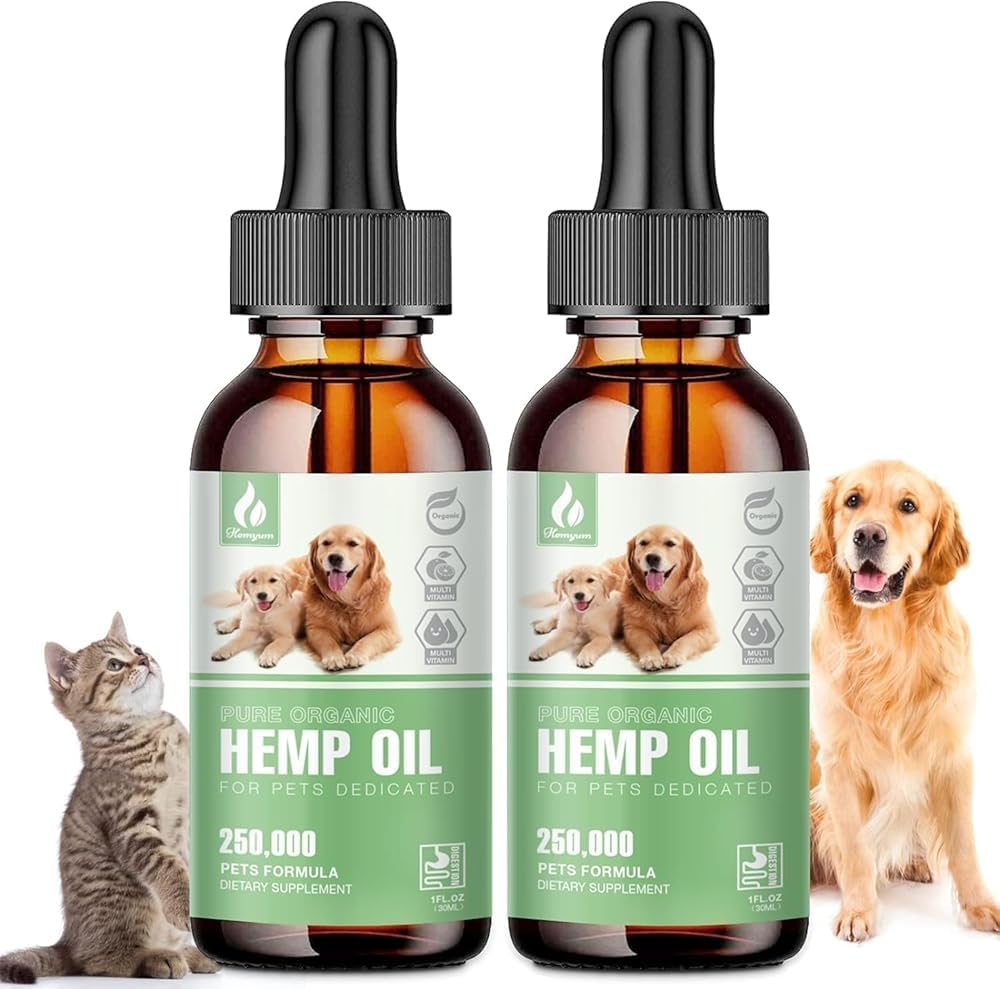 Hemyum organic hemp oil bottle for dogs and cats supporting calm moments and mobility.