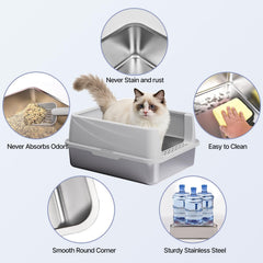 Henkelion high-sided stainless steel litter box minimizes spills and litter escape.