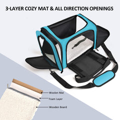 Henkelion pet carrier blue side view, portable for on-the-go travel