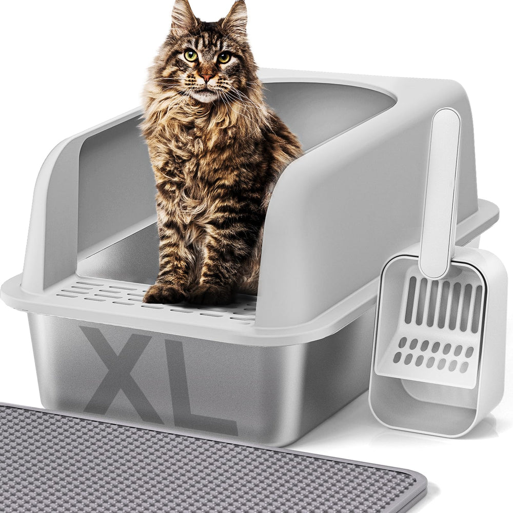 Henkelion stainless steel litter box front view with roomy interior for large cats.