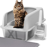 Henkelion stainless steel litter box front view with roomy interior for large cats.