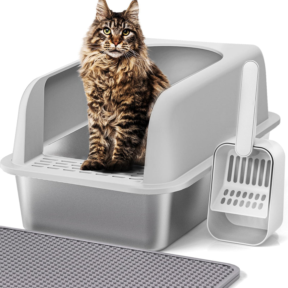 Henkelion stainless steel cat litter box with lid, spacious for large cats.