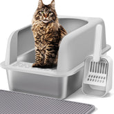 Henkelion stainless steel cat litter box with lid, spacious for large cats.