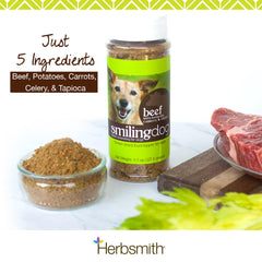 Close-up of herbs and beef in Herbsmith Kibble Seasoning ingredients.