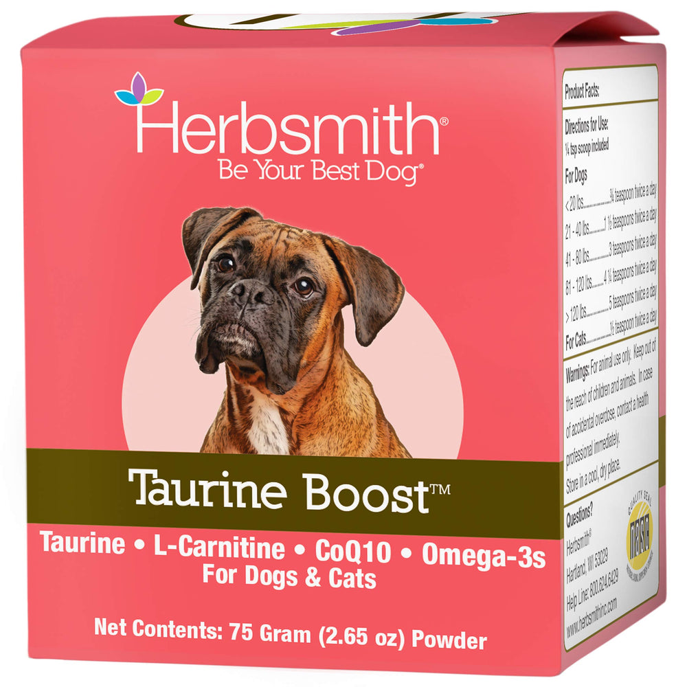 Herbsmith Taurine Boost bottle front indicating heart health support for dogs and cats
