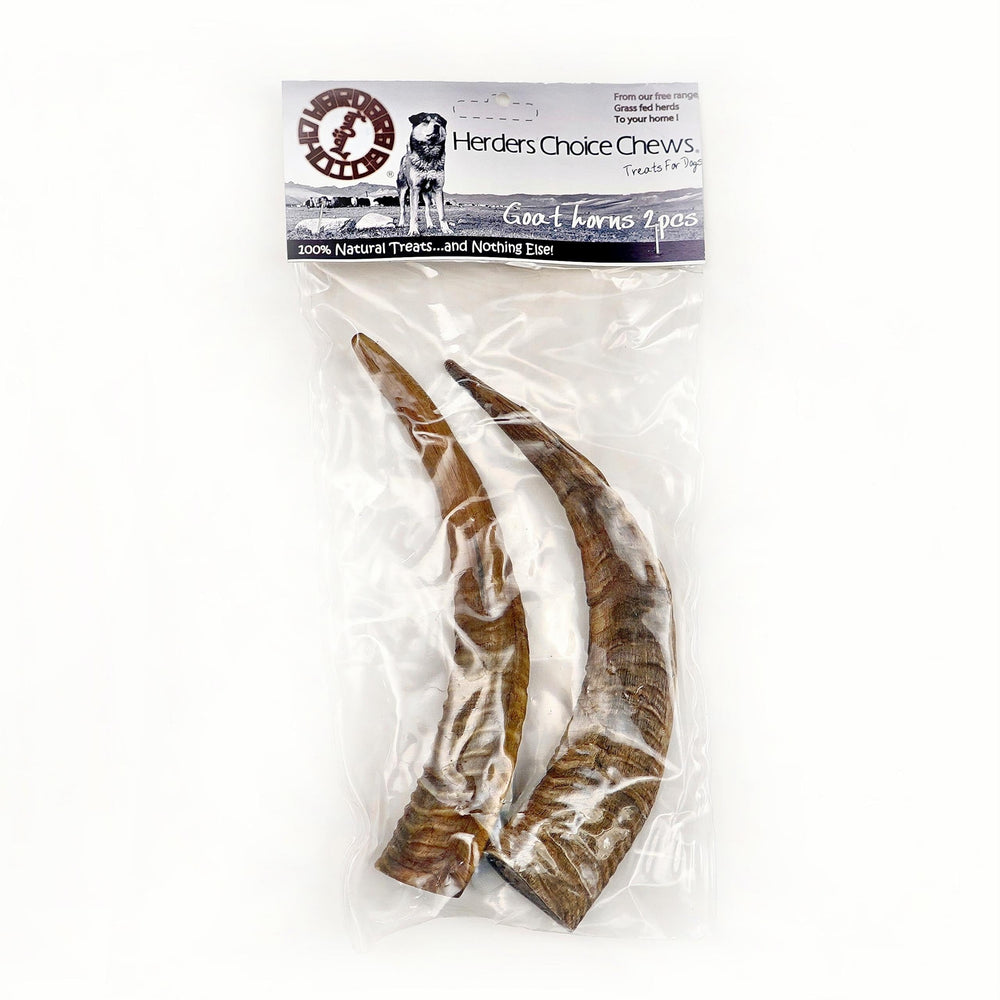 Herders Choice Dried Goat Horns medium two-pack, a durable chew for dogs