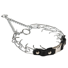 Herm Sprenger 2.25mm prong collar closeup in chrome finish for durability.