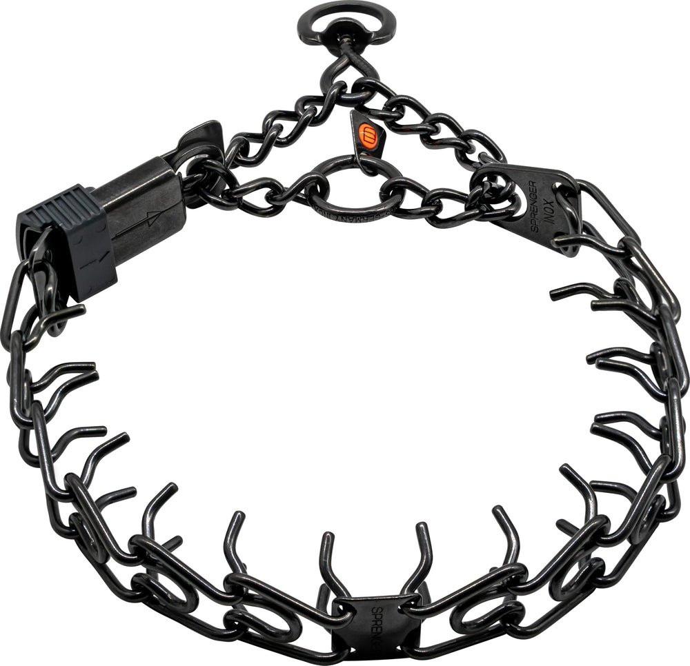Herm Sprenger black stainless steel collar with short links for even neck pressure.